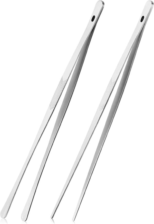 Kitchen Cooking Tongs Tweezers - 2PCS 12" Stainless Steel Kitchen Utensils, Metal Fine Tweezers Tongs with Precision Serrated Tips for Chef, Serving Food, Grill, Culinary, Pasta, Salad, BBQ