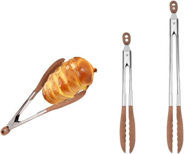 2 Pcs Walnut Wooden Kitchen Tongs, Stainless Steel Salad Tongs with Wooden Tips Anti-Slip Long Handle Wood Salad Tong Heat Resistant Serving Tongs for Serving Food,Salad Tossing
