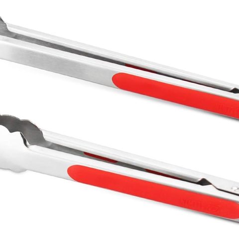 304 Stainless Steel Kitchen Cooking Tongs, 9" and 12" Set of 2 Sturdy Grilling Barbeque Brushed Locking Food Tongs with Ergonomic Grip, Red