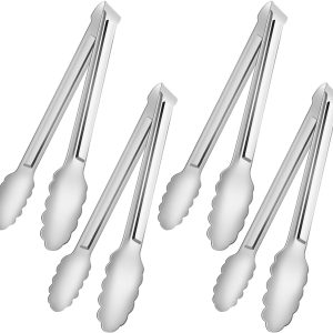 4 Pack Serving Tongs for Buffet,Metal Kitchen Tongs,Stainless Steel Food Tongs, Small Tongs for serving, Silver (7IN)