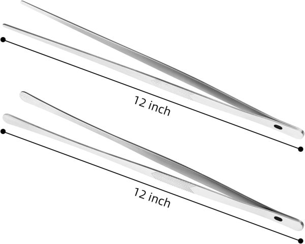Kitchen Cooking Tongs Tweezers - 2PCS 12" Stainless Steel Kitchen Utensils, Metal Fine Tweezers Tongs with Precision Serrated Tips for Chef, Serving Food, Grill, Culinary, Pasta, Salad, BBQ
