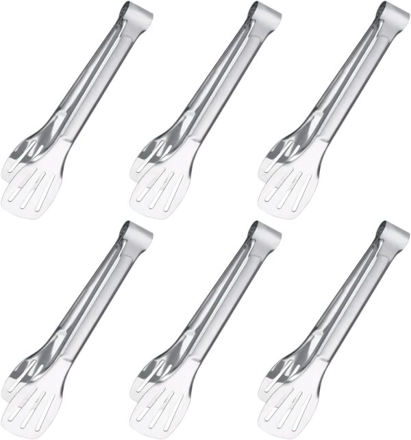 6PCS Serving Tongs, 7Inch Buffet tongs, Stainless Steel Food Tong Small Serving Utensils for Cooking, Entertaining, Salad, Barbecue, Buffet, Toast and Steak by (Stainless buffet tongs)