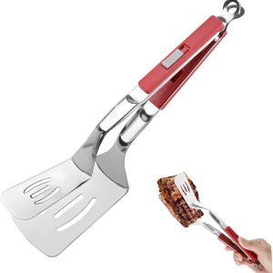 Anti-Scald Extended Handle Spatula Tongs 11.6 Inch Multifunctional Stainless Steel Cooking Tongs Food Shovel Clamp for Flipping Steak Fish Bread Hamburger BBQ Frying Pancake Pies Pizza