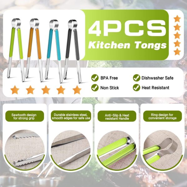 4Pcs Stainless Steel Kitchen Tongs for Serving and Cooking, 10" Metal Food Tongs with Non-Slip Comfort Grip, Non-Stick and High Heat Resistant Tongs for Barbecue Grilling…