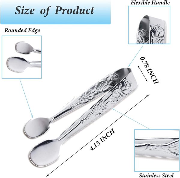 6PCS Mini Serving Tongs, 4Inch Rose Stainless Steel Sugar Cube Tongs, Sliver Small Ice Tong for Tea and Coffee Party, Appetizers, Desserts by (6PCS Silver)