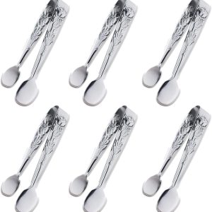 6PCS Mini Serving Tongs, 4Inch Rose Stainless Steel Sugar Cube Tongs, Sliver Small Ice Tong for Tea and Coffee Party, Appetizers, Desserts by  (6PCS Silver)