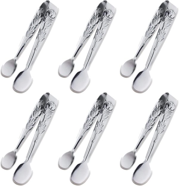 6PCS Mini Serving Tongs, 4Inch Rose Stainless Steel Sugar Cube Tongs, Sliver Small Ice Tong for Tea and Coffee Party, Appetizers, Desserts by (6PCS Silver)