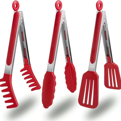 3 Pack Kitchen Tongs, Non Stick Stainless Steel 9 Inch Tongs With Silicone Tip for Cooking BBQ Baking(Red)