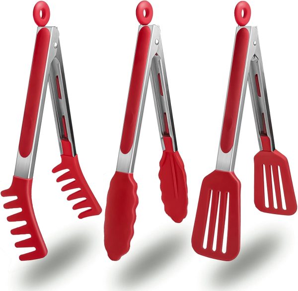 3 Pack Kitchen Tongs, Non Stick Stainless Steel 9 Inch Tongs With Silicone Tip for Cooking BBQ Baking(Red)