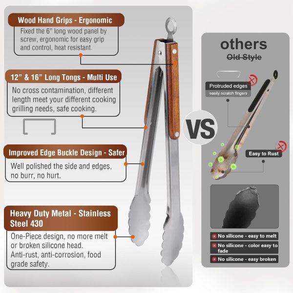 16" & 12" Heavy Duty Stainless Steel Grill Tongs with Locking Mechanism & Heat-Resistant Wooden Handle - 2-Pack BBQ Tongs for Grilling, Barbecue, Kitchen Cooking Accessories