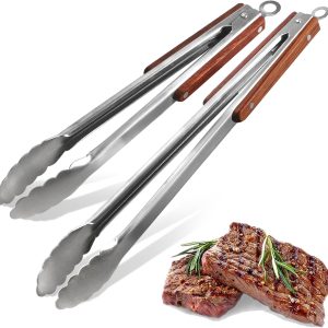 16" & 12" Heavy Duty Stainless Steel Grill Tongs with Locking Mechanism & Heat-Resistant Wooden Handle - 2-Pack BBQ Tongs for Grilling, Barbecue, Kitchen Cooking Accessories