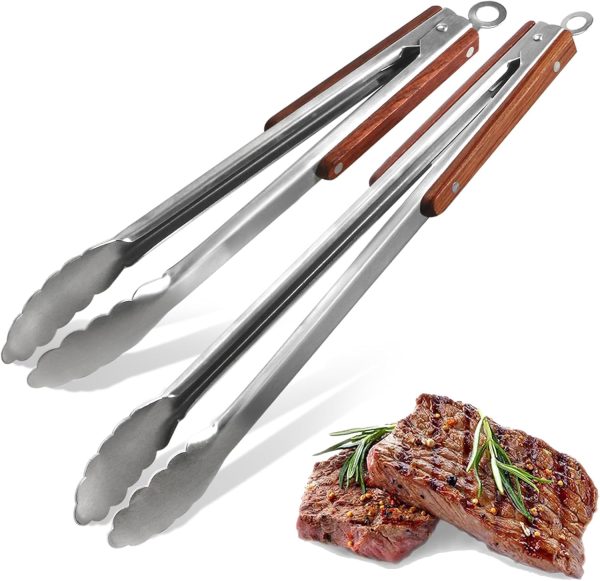 16" & 12" Heavy Duty Stainless Steel Grill Tongs with Locking Mechanism & Heat-Resistant Wooden Handle - 2-Pack BBQ Tongs for Grilling, Barbecue, Kitchen Cooking Accessories