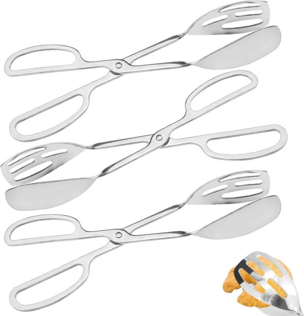 3 Pieces Buffet Serving Tongs, Salad Tongs for Kitchen Serving, Stainless Steel Food Scissor Tongs, Thickening Food Serving Tongs for Home Party Bread Cake Bake Steak Barbecue Buffet Catering (Silver)